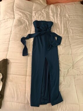 Lulu's Strapless Teal Wrap Maxi Dress with Front Slit